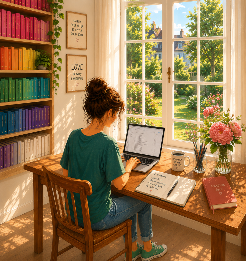 Warm illustration of a specialized romance translator working on her laptop in a bright, cozy office, with large French windows overlooking a blooming garden and a rainbow-colored bookshelf in the background. Illustration chaleureuse d’une traductrice spécialisée en romances modernes travaillant sur son ordinateur dans un bureau lumineux et cosy, avec de grandes fenêtres françaises donnant sur un jardin fleuri et une bibliothèque arc-en-ciel en arrière-plan.