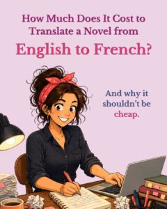 Illustrated blog post cover showing a young woman with curly brown hair and a red bandana writing in a notebook at a cluttered desk, with a laptop, stacked books, and a coffee cup. Text reads: "How Much Does It Cost to Translate a Novel from English to French? And why it shouldn't be cheap."