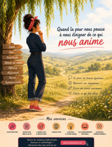 **Texte alternatif :** Illustration d’une femme réfléchissant face à un paysage de campagne, sous un arbre, avec des panneaux indiquant doute, peur, incertitude et alignement. Le visuel accompagne un article sur le contenu humain, l’authenticité, le changement de direction professionnelle et les services de rédaction, traduction et ghostwriting.