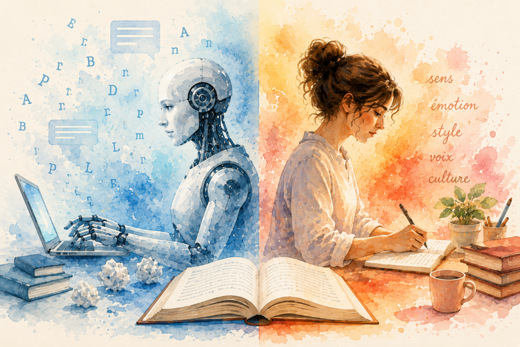 Watercolor illustration contrasting AI translation and human literary translation. On the left, a blue-toned robot works on a laptop surrounded by floating letters and a cold digital atmosphere. On the right, a female translator writes by hand in a notebook, surrounded by books and warm colors symbolizing creativity, emotion, and culture. An open book visually connects the two worlds.